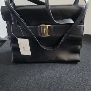 Salvatore Ferragamo Black Leather Shoulder Bag with Gold Accent